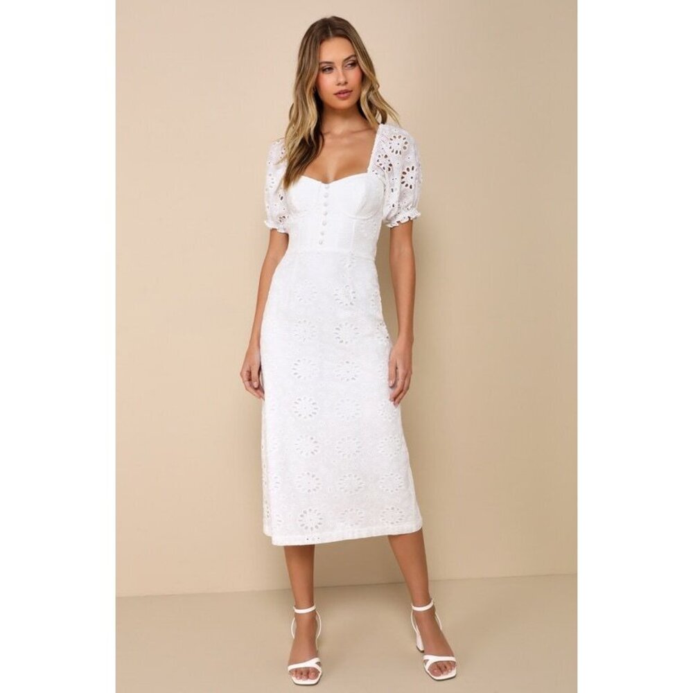 Lulus Darling Status White Eyelet Puff Sleeve Bustier Midi Dress - Size M